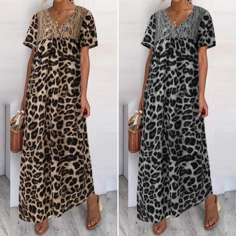 

Celmia Bohemian Ruffles Lace Summer Sundress  Women Maxi Dress Vintage Leopard Print Short Sleeve V neck Beach Long Sarafans, Khaki