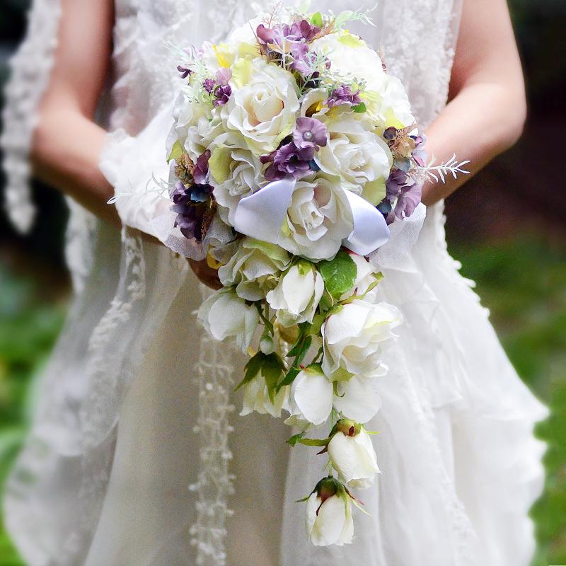 

32x24x45 cm Wedding decoration waterfall bride flower bouquet Romantic wedding Silk bride holing flowers Artificial flowers, Purple white