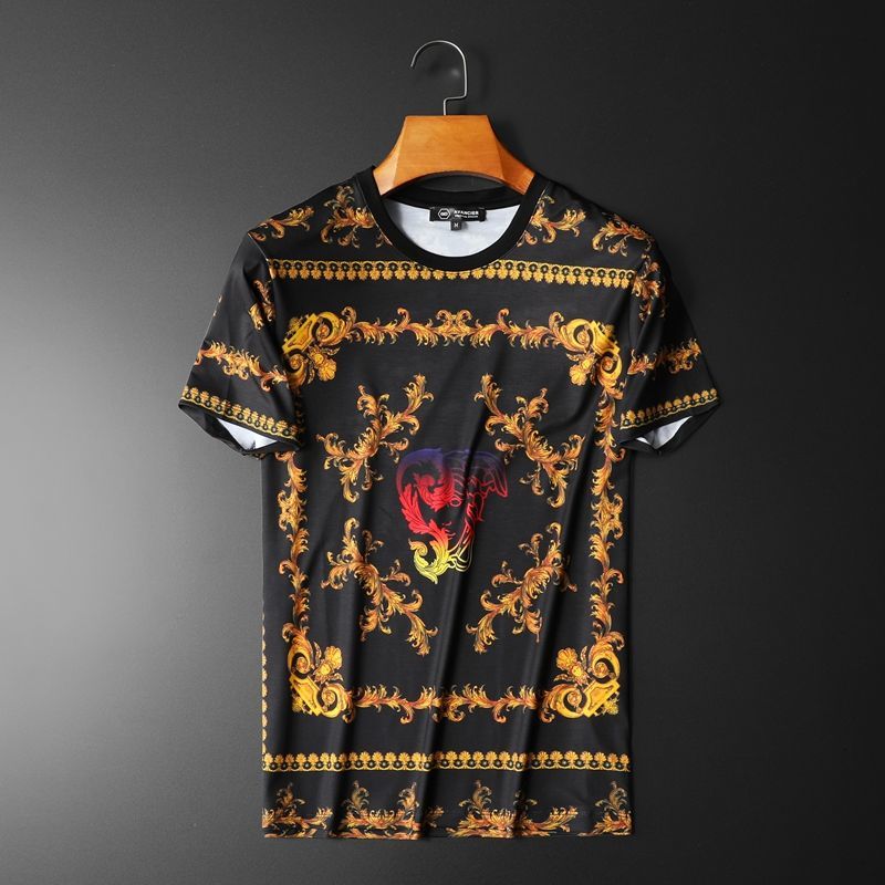 

Mode Summer Baroque Fingerprint Men Short Sleeves Return Gold Homme Lux t High Quality Men's Shirt 1zld, Color