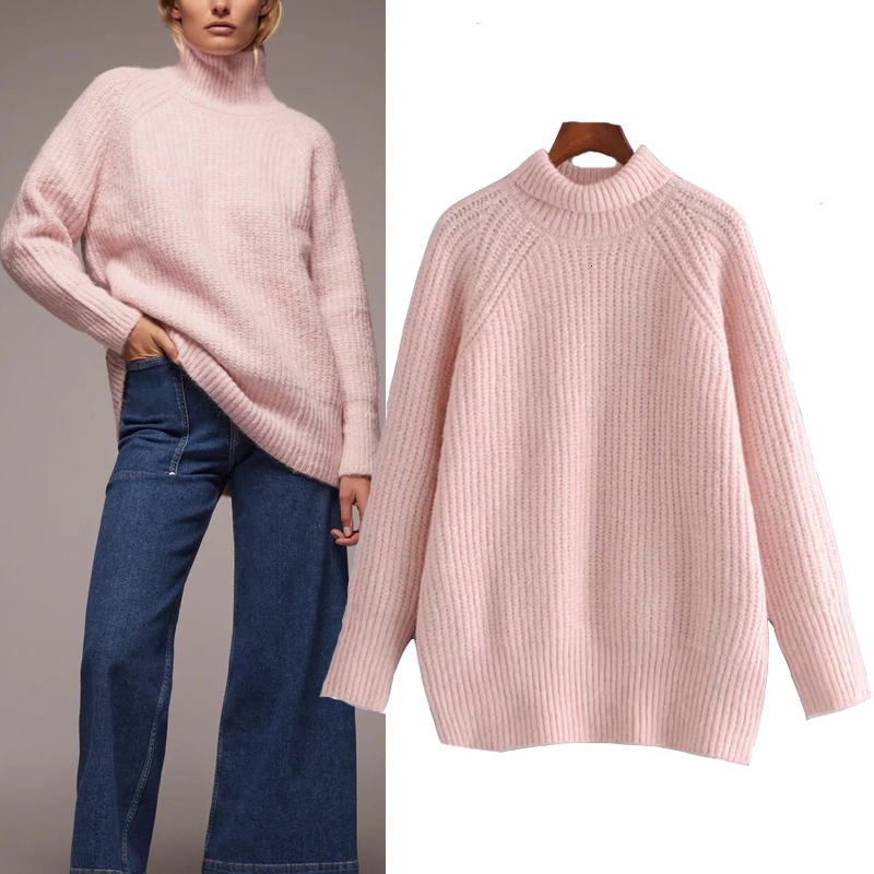 

2021 New Pink Turtleneck Oversized Knitted Women Autumn Winter Long Sleeve Ribbed Trim Cute Sweater Ladies Loose Pullover Peyr