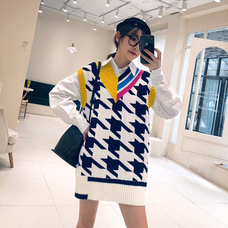 

2019 New autumn color matching long-sleeveless, sleeveless female sweater casual houndstooth pattern wool vest, Pink
