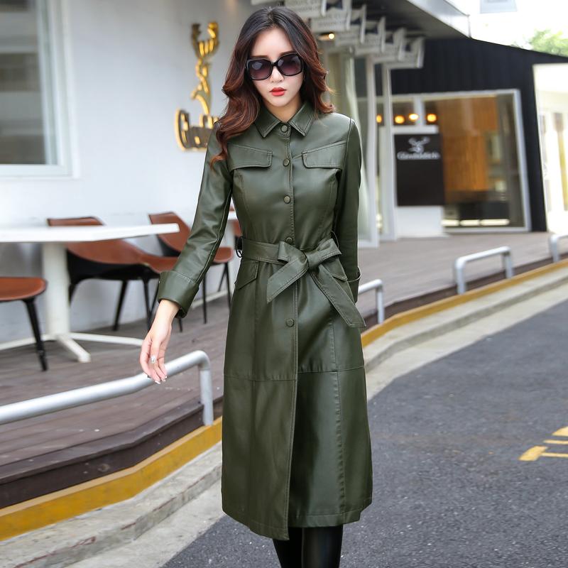

Long Leather Jacket Women Fashion Coat Female -5XL Plus Size Turn Collar Single Covered Button Outerwear Black Red Army Green