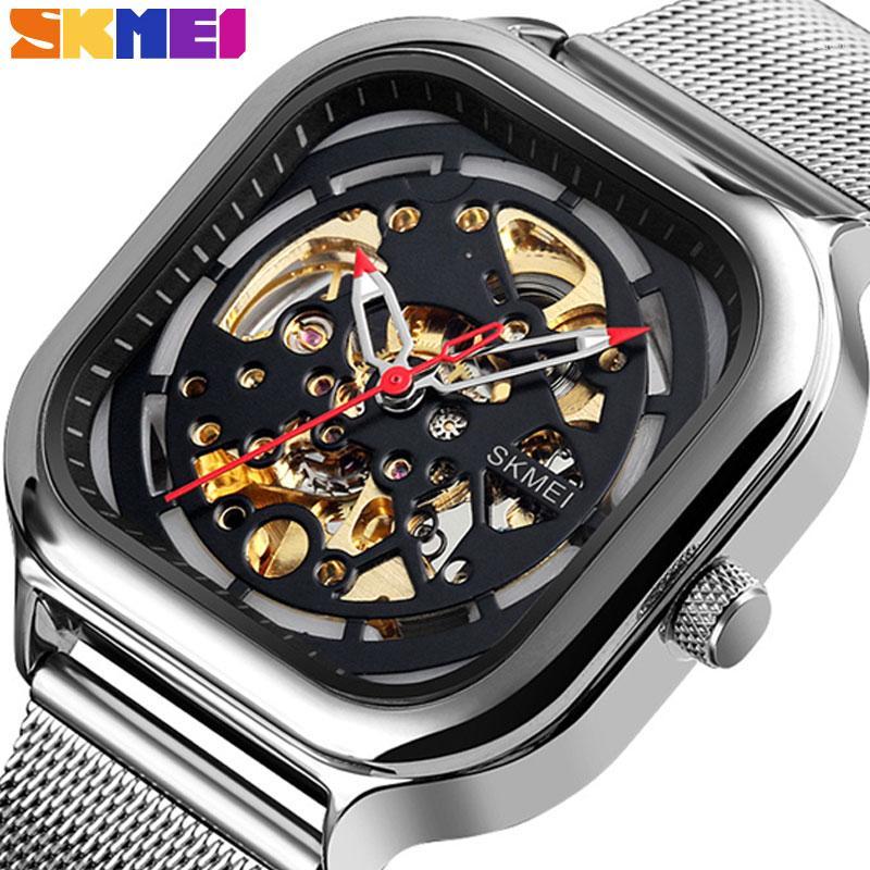

Wristwatches SKMEI Men Mechanical Watches Automatic Self-Wind Golden Transparent Fashion Mesh Steel Wristwatch Square Skeleton Wrist Watch1, Gold