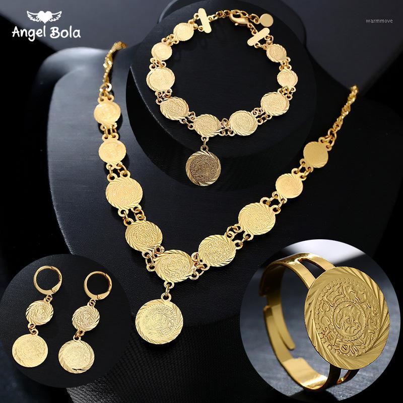 

Classic Fashion Bride Muslim Coin Necklace Earring Ring Bracelet Gold Color Sets for Women Middle East Arab Wedding Jewelry Gift1, As pic