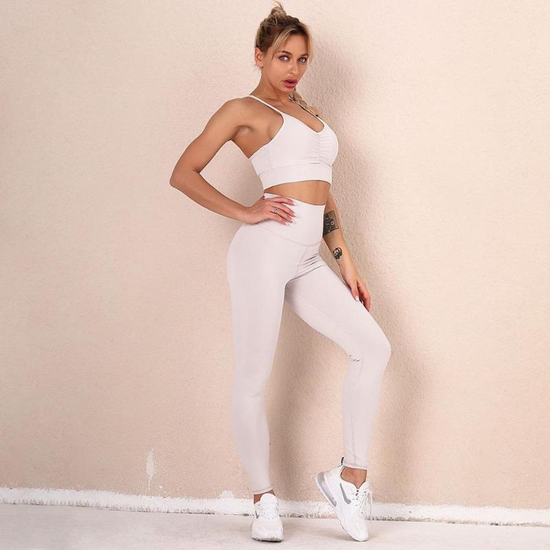 

Women Fitness Clothes Stretch Seamless Yoga Set Bowknot Top High Waist Workout Leggings Slim Sports Outfits Gym Sets, Beige