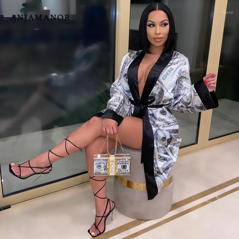 

ANJAMANOR Sexy Money Printed Satin Robes for Women Sleepwear Night Gown Home Clothes Bathrobe Pajamas Lounge Wear Kimono D48CF211, Black