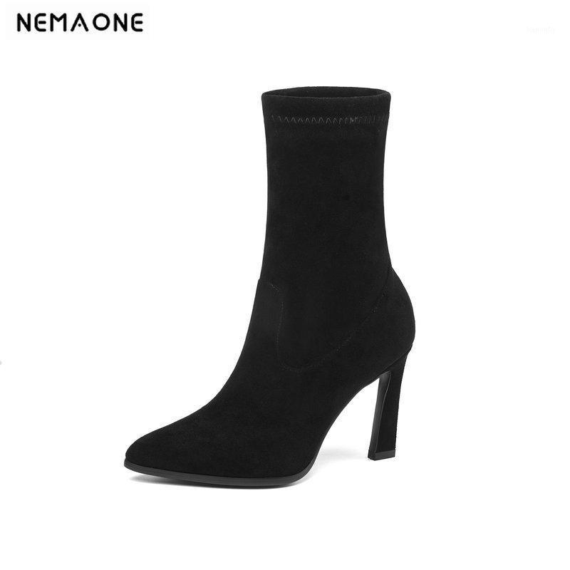 

NEMAONE Women Ankle Boots Sock Boots All Match Platform Pointed Toe Square High Heel Slip on Women Big Size 34-431, Black