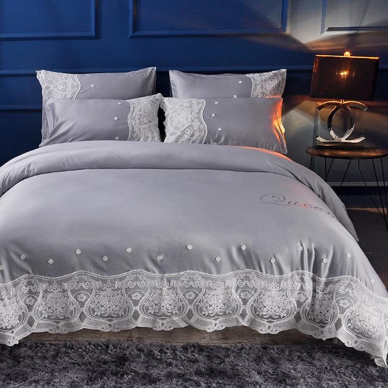 

Queen king size Lace princess style bedding sets beige cream blue luxury cotton silk bedding set duvet cover bed sheet/linen set, Color 4