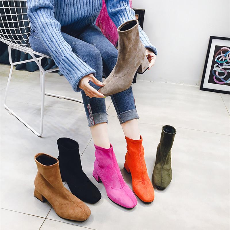 

Spring & Autumn Fashion Women's Shoes Square Toe Flock Female Slip-On Boots Candy 6 Color Low Thick Heels Shoes OULYYYOGO, Black
