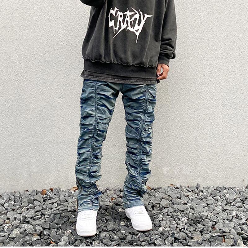 

Harajuku Retro Ruched Side Zipper Jeans Men Straight Washed Streetwear Denim Trousers Elastic Wasit Hip Hop Mens Jeans Pants, Blue