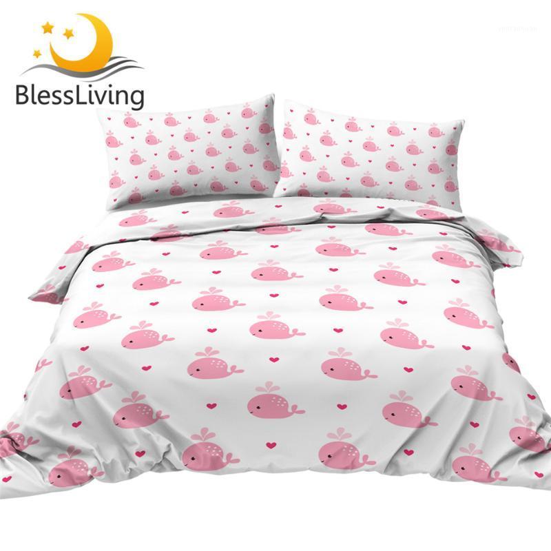 

BlessLiving Cute Whale Bedding Set Pink Bedclothes Ocean Animal Cartoon Kids Comforter Cover Heart Printed Bedspreads for Girls1