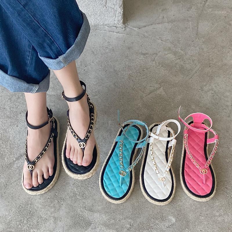 

2021 Summer Designer Women Flats Pink Buclek Strap Party Sandals Metal Chain Flip Flops Round Toe Sandals Trending Female Shoes1, Blue
