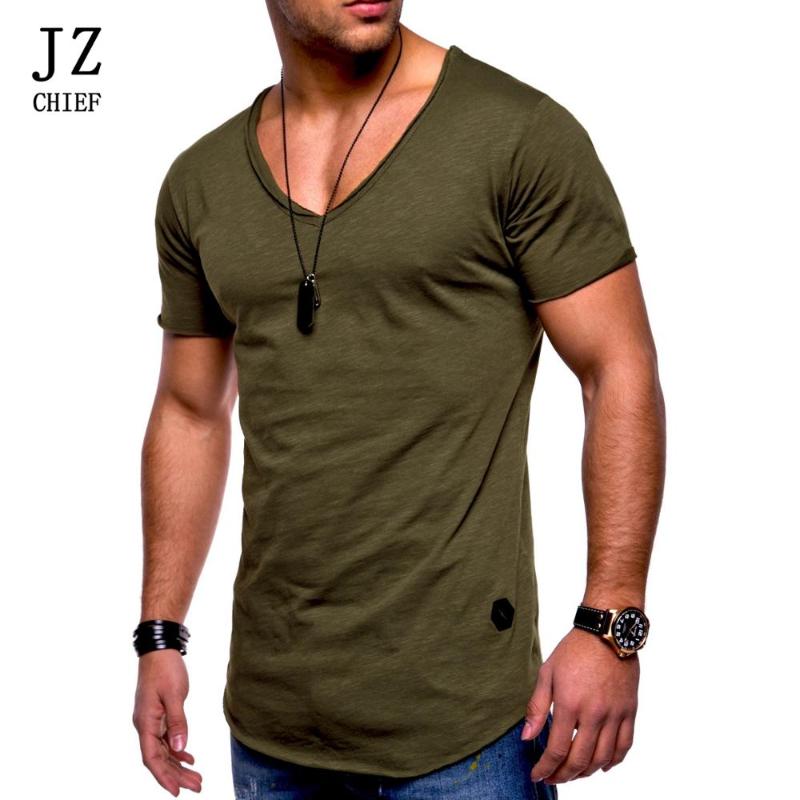 

Long Hip Hop T Shirt Men Cotton V-neck Summer Short Sleeve T-shirts Workout Solid Streetwear Male Tshirt Casual, B208 black