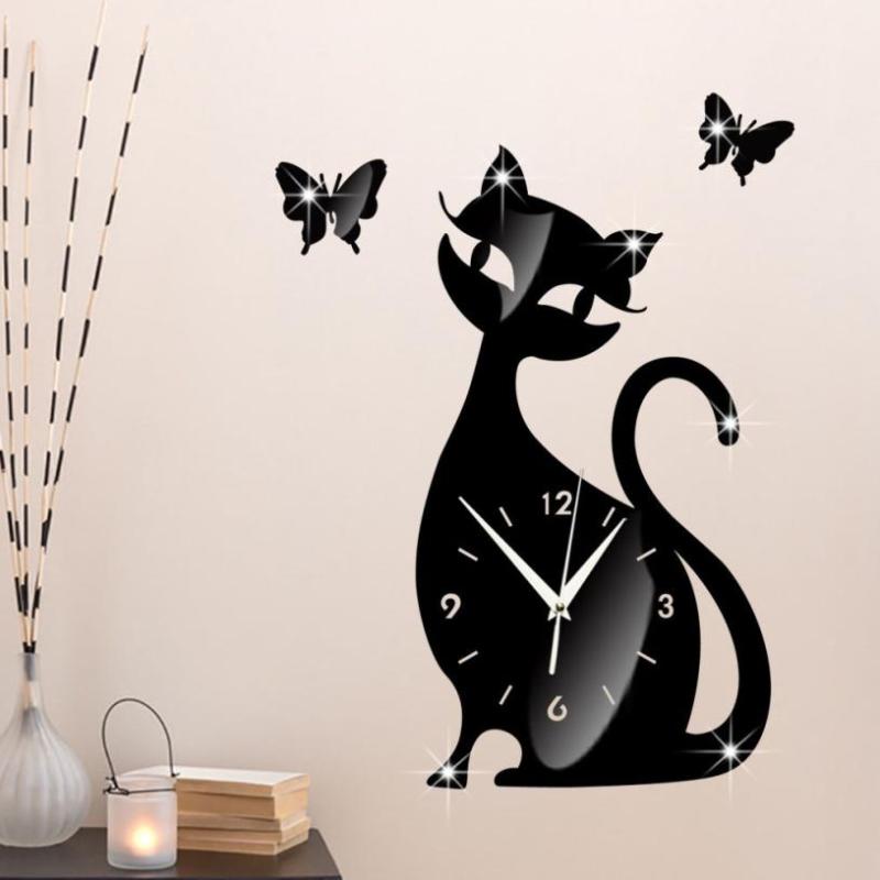 

Cute Cat Butterfly Mirror Black Wall Clock Modern Design Home Decor Watch Wall Sticker august13