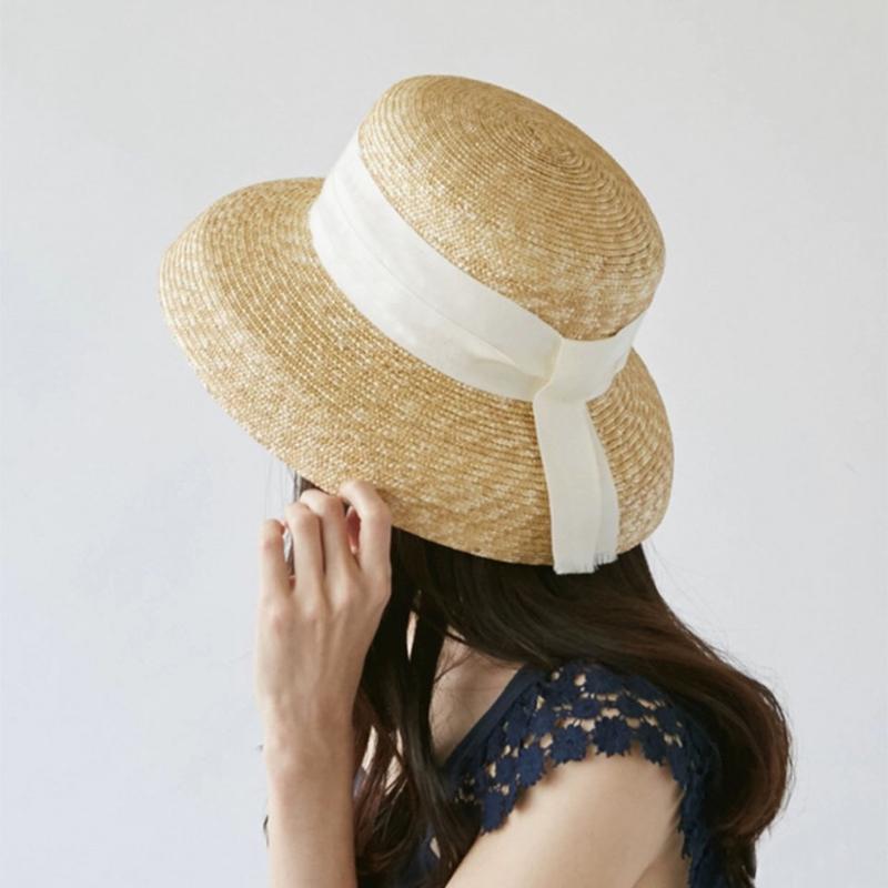 

Women Summer Big Floppy Hat Wheat Straw Hat with Black White Ribbon Lace Tie Wide Brim 10CM Sun UV Protection Beach Cap, F0202-5