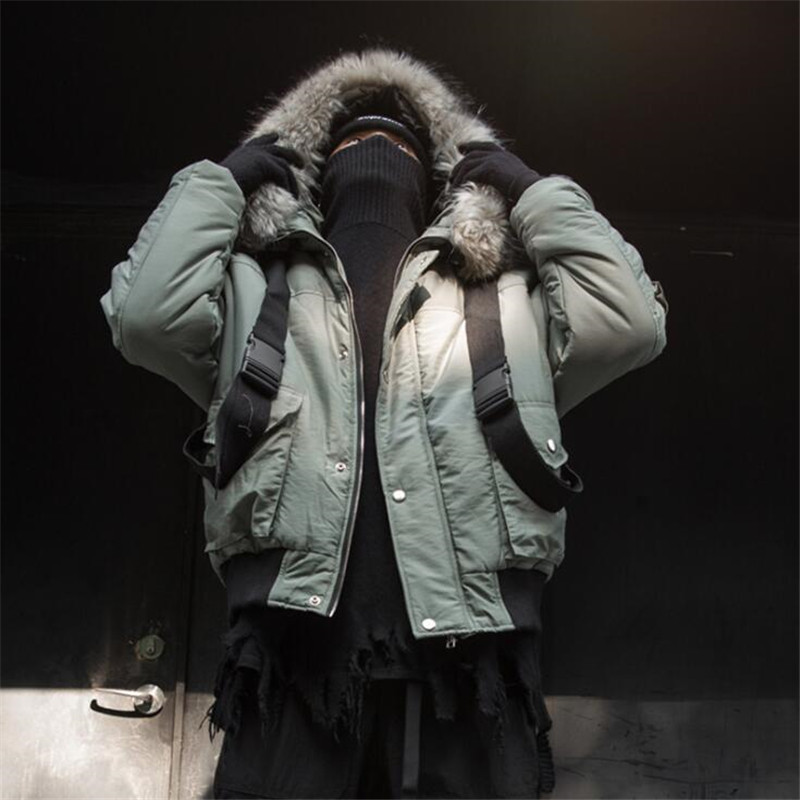 

New hot winter thick fur collar hood ribbon parkas men's streetwear hip hop cotton quilted jacket, Army green.