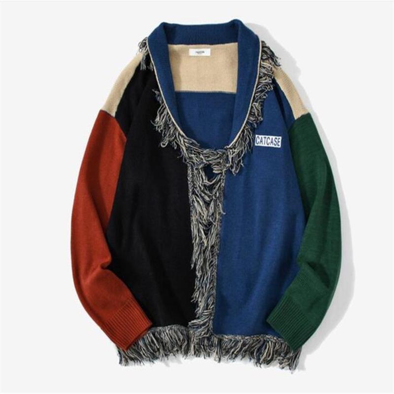 

Autumn Winter Fashion Men V-Neck Splicing Cardigan Sweater Streetwear Harajuku Vintage Casual Loose Outerwear, No 1