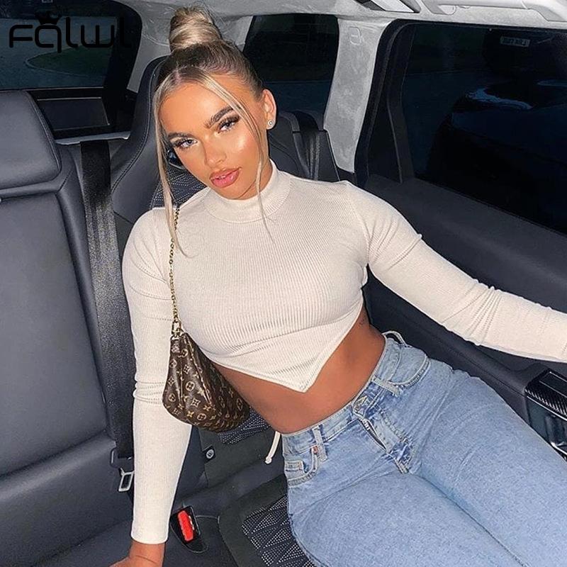 

FQLWL Ribbed Kintted Long Sleeve Crop Tops Women Solid Stand Bandage Backless Short T Shirt Ladies Cropped Tshirt Bodycon Female, Black
