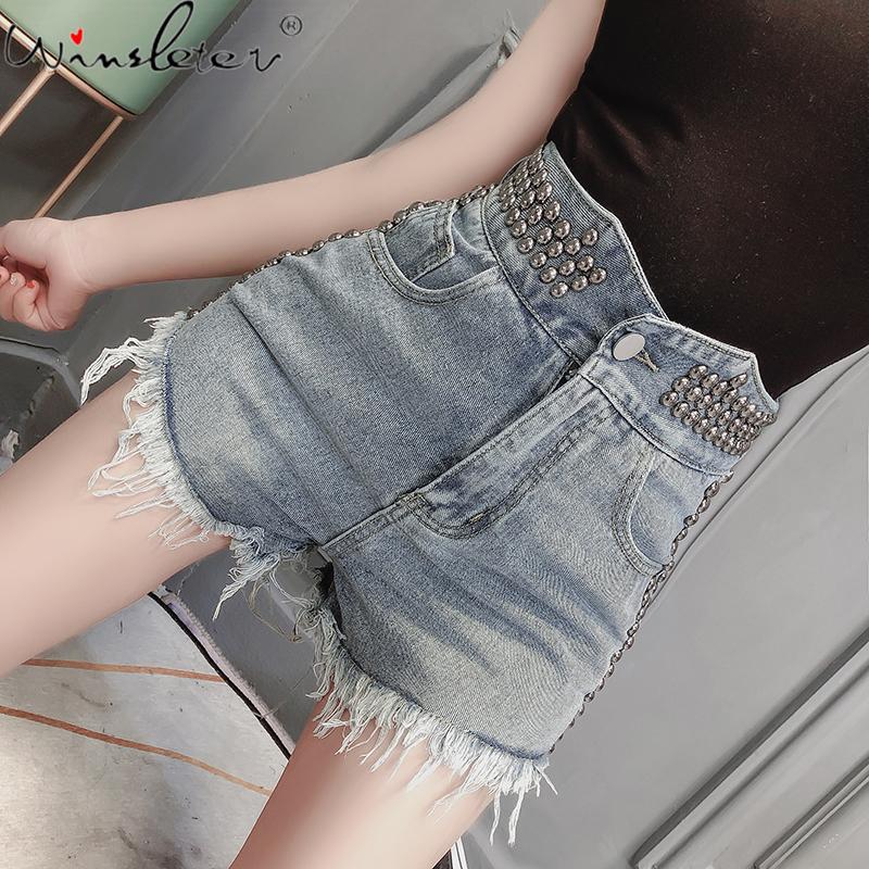 

Spring Autumn Fashion Hot Short Korean Clothes Rivet High Waist Slim Denim Shorts Women Ropa Mujer All Match Ripped Jeans B07605, Blue shorts