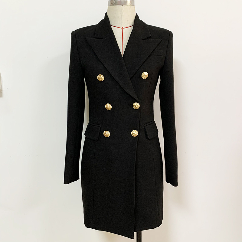 Top Quality Original Design Women's Suit Work Dress Metal Buckles Double-breasted Slim OL Style Back Zipper Black Career Costume