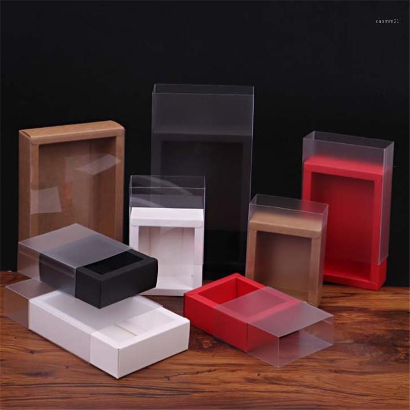 

10pcs/lot Red Transparent PVC Box Kraft Paper Drawer Box Cookies Candy Packaging Carton Folding Black Gift Custom LOGO1