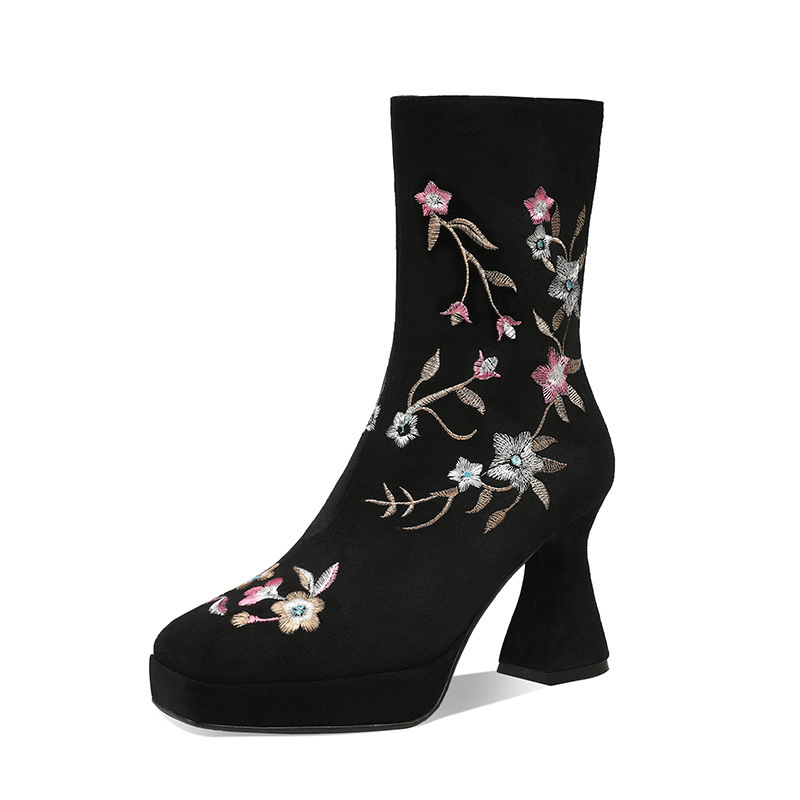 

2020 Winter and Chinese Matted Lambskin Embroidered Leather Foot Toe High Heels Female Boots34-43 Tvm3, Black (mao li)