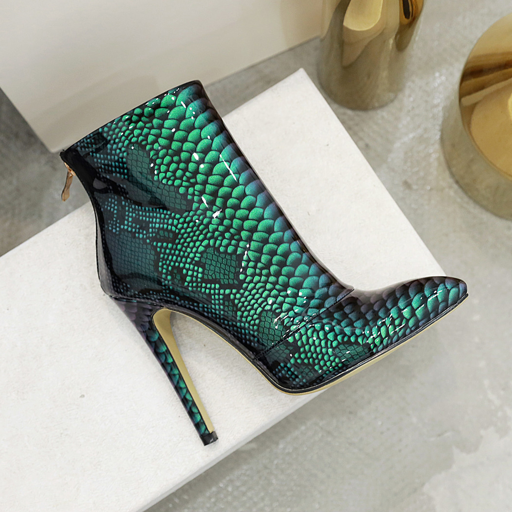

Woman Python Sexy Ankle Patent Leather High Heels Pointed to Motorcycle Ladies Night Stage Boots More Size 5snb, Color 1