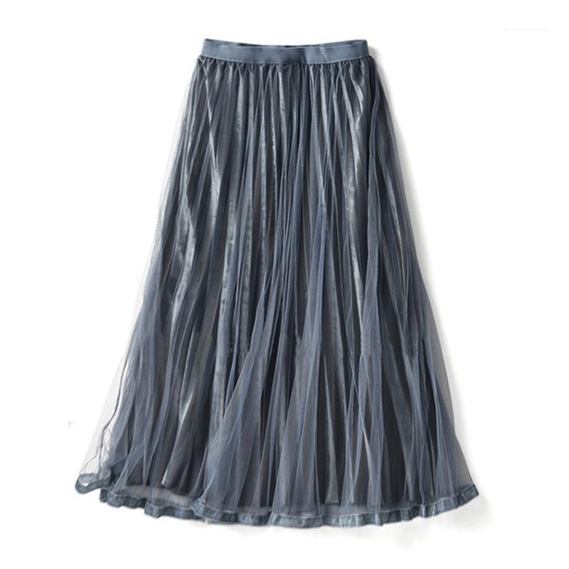 

Autumn Velvet Patchwork Long Tulle Skirt Elegant Flounced Hem Pleated A-line Mid Long Pleuche Skirts1, Ivory