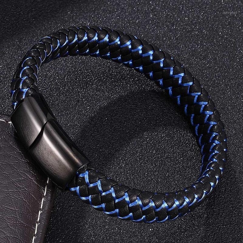 

Charm Bracelets For Men Black Blue Braided Leather Bracelet Bangles Stainless Steel Magnetic Clasps Male Wrist Band Jewelry Gifts 00021