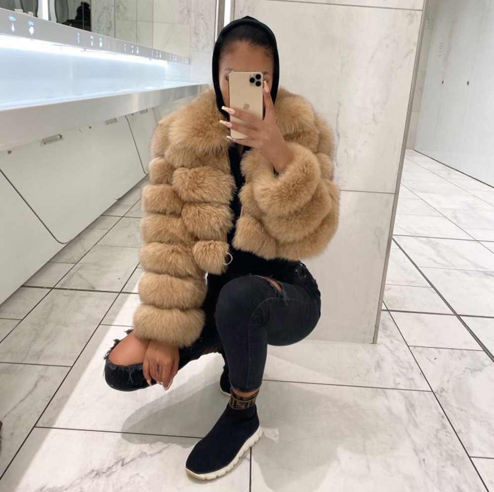 

plus size 3xl 4xl coat imitation fox fur stitching short long sleeve coats Women Girl bubble overcoat for ladies, Black