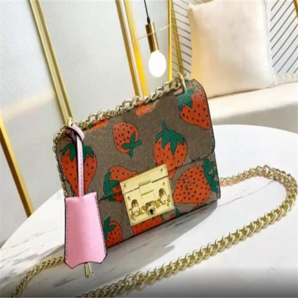 

Fashion Women Strawberry printing shoulder bags gold chain crossbody bag fashion leather handbags female famous designer purse Bag 20CM, Khaki