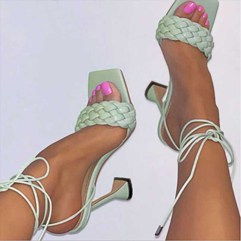 

For New style ladies high heels square open toe fashion ankle cross strap female high heels woven wine glass heel sandals, Black