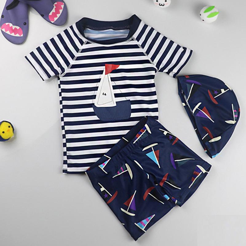 

Striped Baby Boys Swimwear Kids Sailboat Two Piece Children Swimwear for Boy Swimsuit Infant Boy Bathing Suit with Cap Beachwear