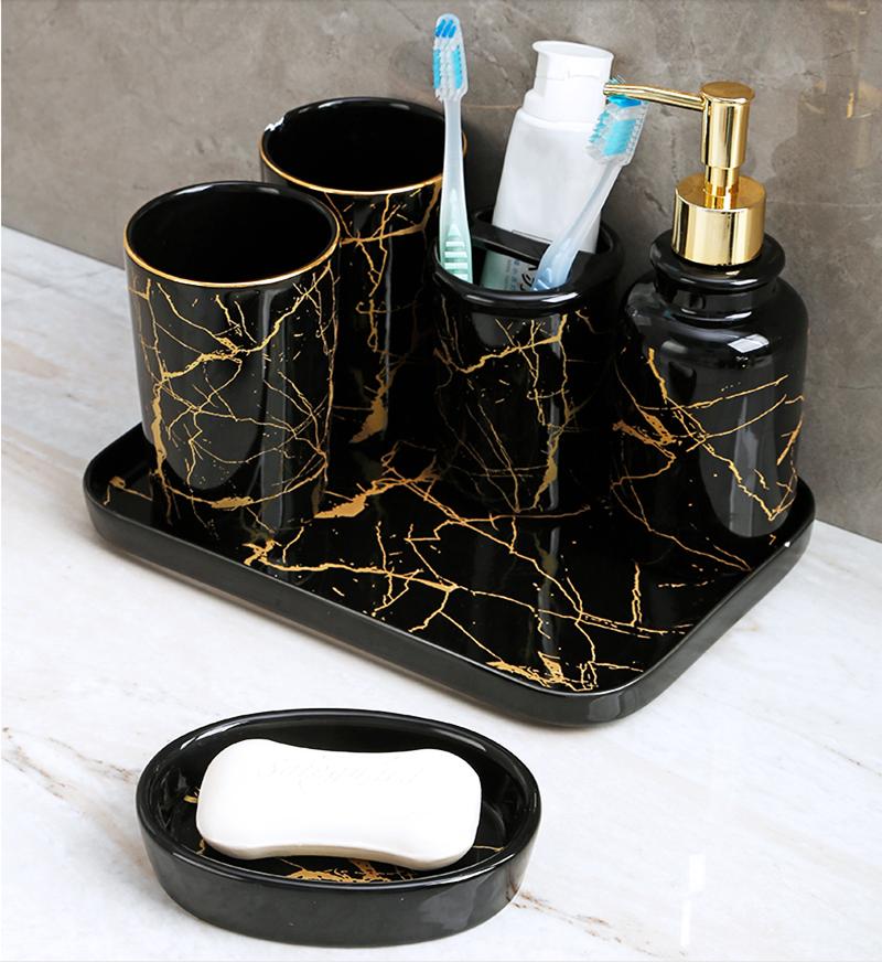 

Golden Marble Bathroom Decoration Accessories Toothbrush Holder Soap Box Toothpaste Dispenser Lotion Bottle Ceramic Storage Tray