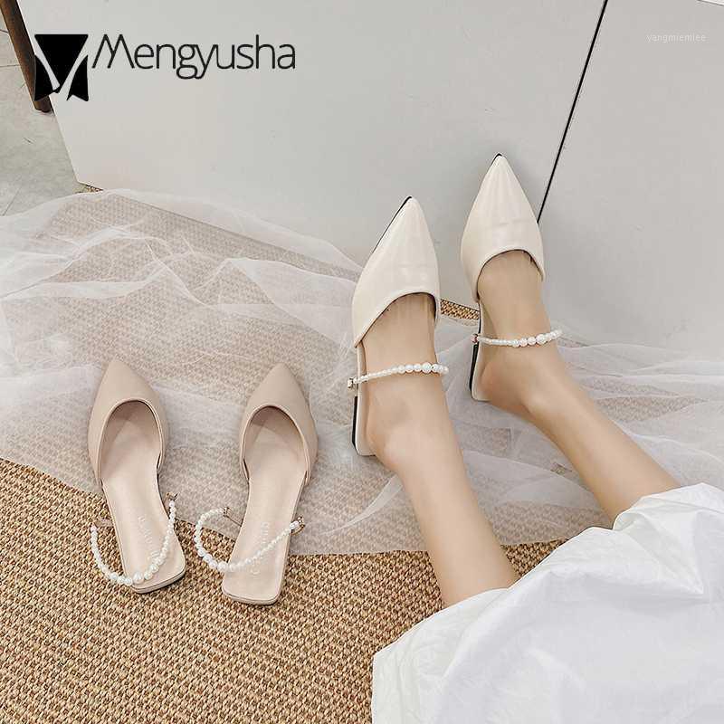 

Fairy Pointed toe pearl band slingback pu gladiator sandals women mules low heels shoes woman skirt slip on beads sandalias 20201, Khaki