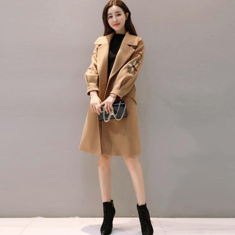 

Autumn Winter Woolen Coat Women's new Mid-Long fashion woolen clothes thickening embroidery casaco feminino coat female C144, Khaki
