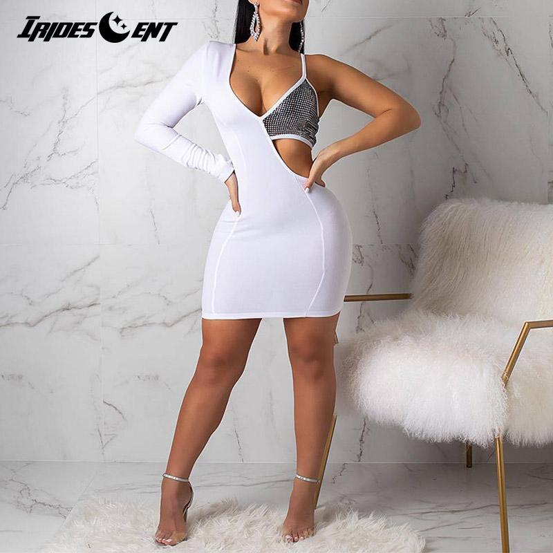 

Glitter Sparkle One Shoulder Long Sleeve Bodycon Mini Party Dress Autumn Women Sexy Club Dress Patchwork Hollow Out, Black