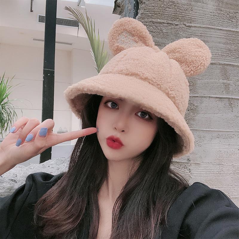 

Winter Ears Cashmere Bucket Hat For Women Japanese Warm Solid Fisherman Cap Outdoor Vacation Hat Cap Lady, Black