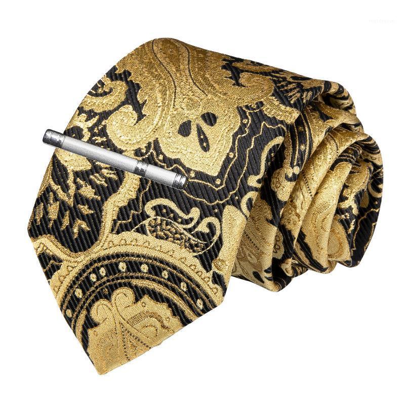 

Quality Men Tie Gold Black Paisley Wedding Tie For Men Dropshipping DiBanGu New Designer Hanky Cufflinks Clip Set SJT-71921