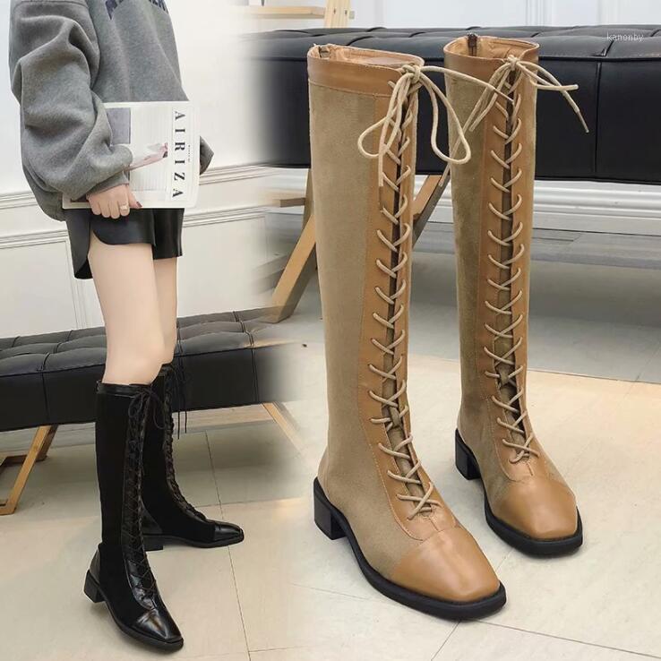 

Women Shoes Woman Boots Knee-high Boots Solid Color Fashion Lace Plus Velvet 2020 Winter New Warm Comfortable X801, Black