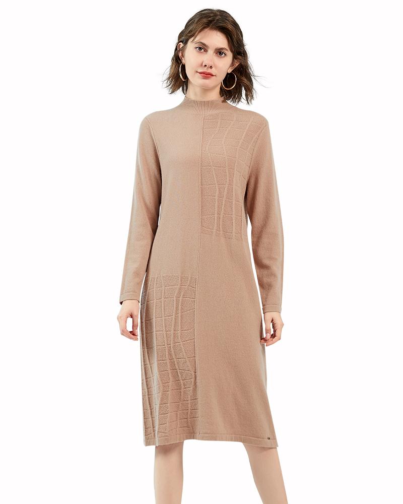 

Zhili Women's 100% Cashmere Mock Neck Loose Fit Knit Long Sleeve Midi Sweater Dress, Brown