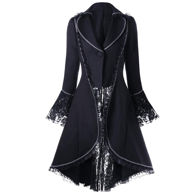

Nice Women Spring Autumn Outerwear Coats Women Lace Panel Lace-Up High Low Coats Winter Fashion Casual Long Trench Tops, Black