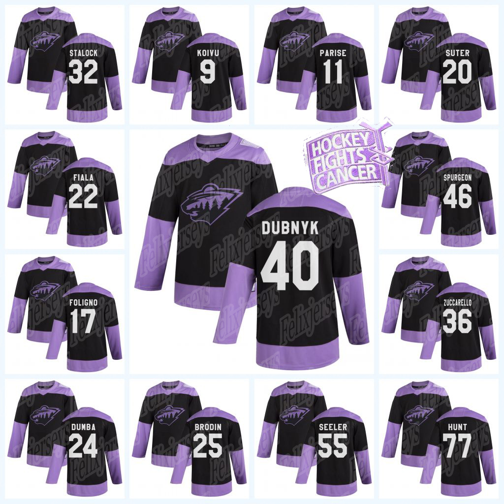 

Youth Devan Dubnyk 2020 Hockey Fights Cancer Minnesota Wild Zach Parise Ryan Suter Kevin Fiala Alex Galchenyuk Luke Johnson Jersey, Black;red