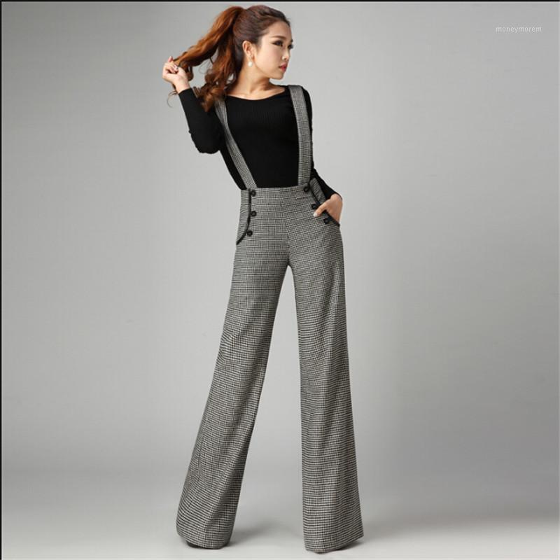 

Women Wool Pants Women Autumn Plaid Winter Thicken Woolen Trousers High Waist Wide Leg Pants Removable Strap Overalls W13031, As pic