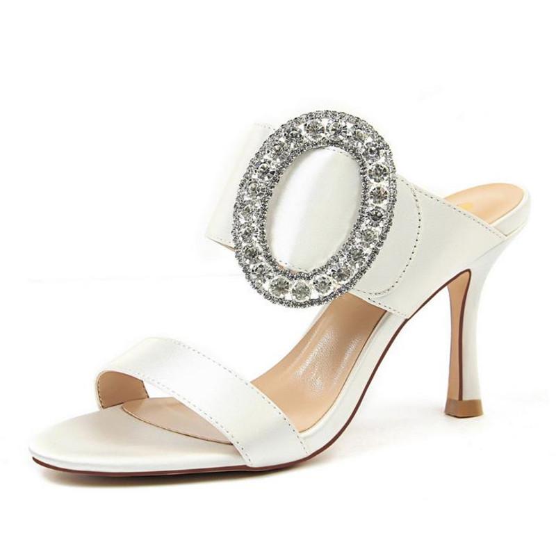 

European and American fashion sexy banquet high heel metal water diamond button Satin Ribbon Sandals for women, Black