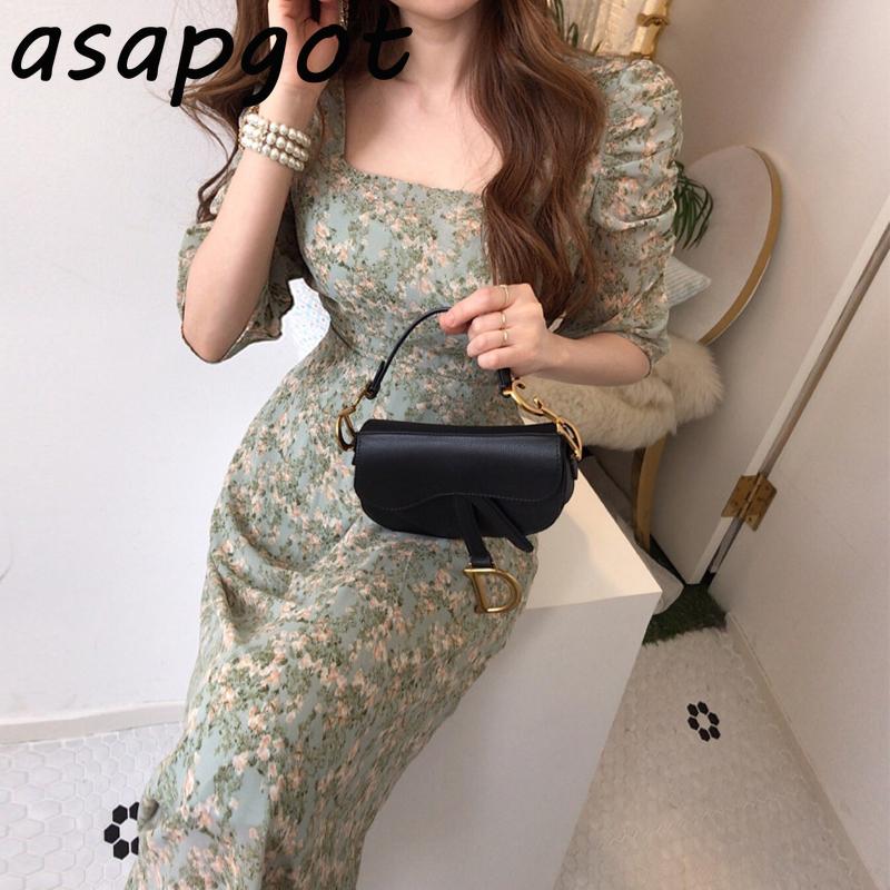 

Casual Dresses Chic Korean Gentle Slim Wrap Hip Square Neck Floral Chiffon Dress Women Puff Pleated Sleeve Lace Up Vintage Vestido, Black;gray