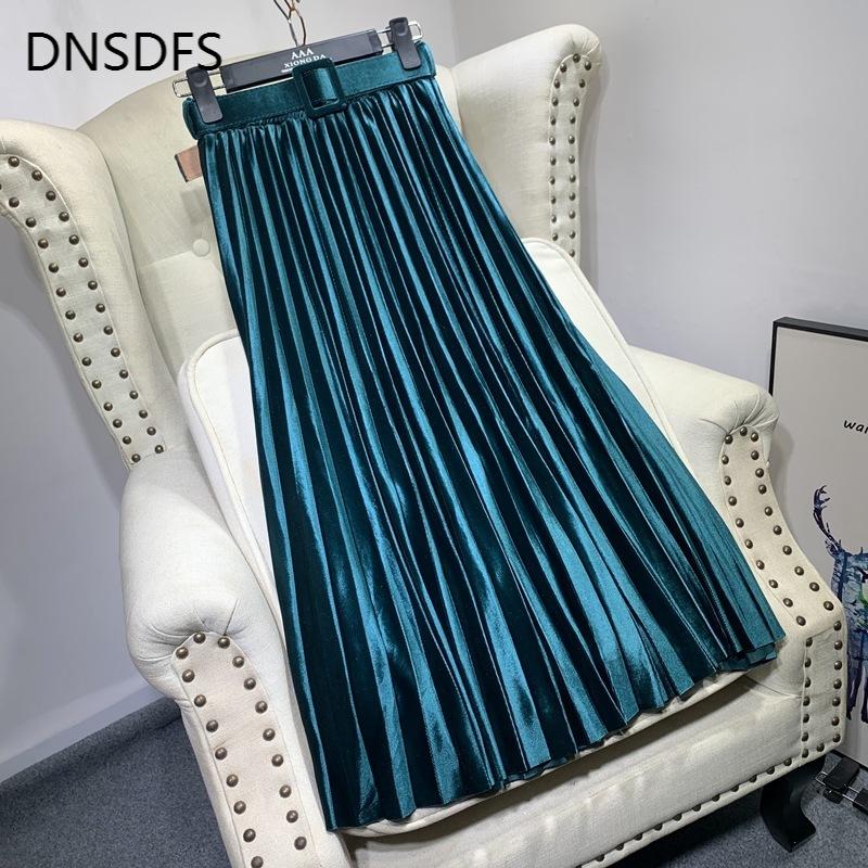 

Velvet Skirt Korean Fashion Clothing With Belt Harajuku Leisure Long Pleated Skirts Women High-waist Casual Faldas Largas Mujer, Dark brown