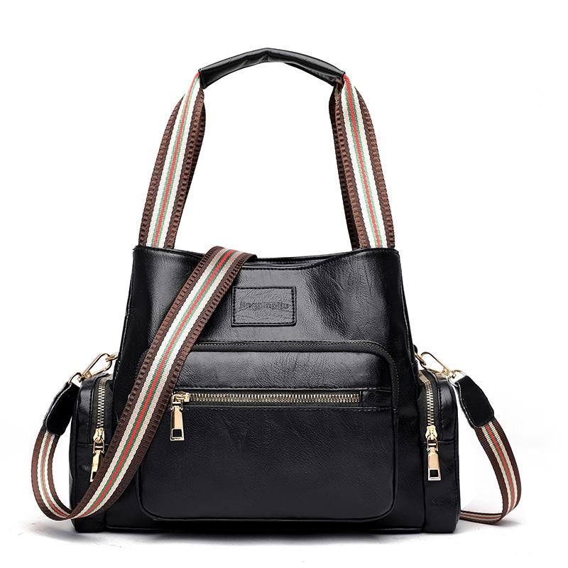 

2021 new retro high quality lady handbag soft leather lady large casual messenger bag female multi-function shoulder bag, Black