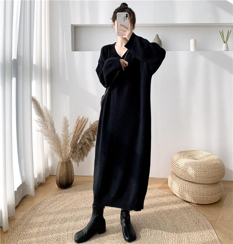 

French V-Neck Sweater Dress Loose Knitwear Casual Wild Oversize Women's Autumn And Winter Bottoming Long Dress Jumper Shirt Y906, Black