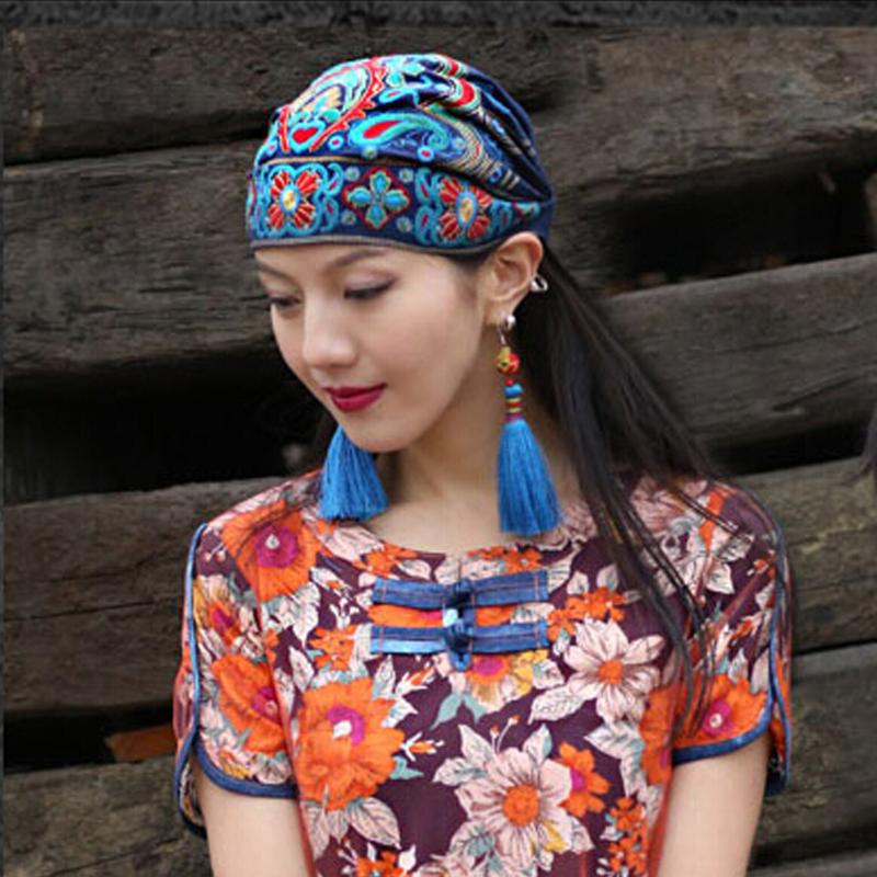 

Embroidery Flower Portable Stretch Outdoor Turban Vintage Easy Wear Soft Daily Women Hat Bandanas Travel Ethnic Style, Purple